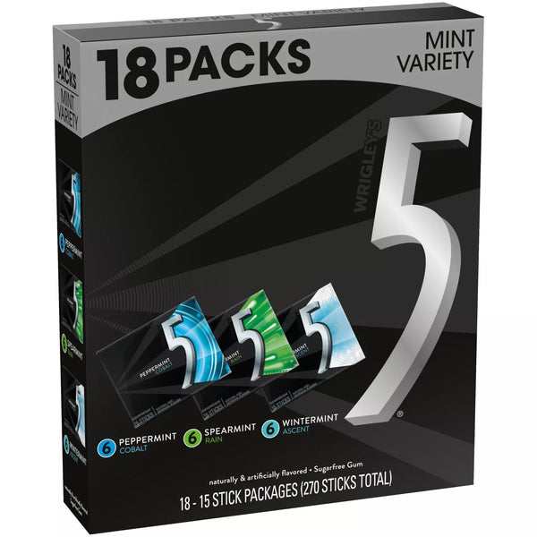 Wrigley's 5 Gum Mint Sugar-Free Chewing Gum Bulk Variety Pack - 15ct/18pk